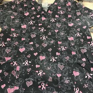 Women’s Black Scrub Top with Pink Ribbon & Heart Print